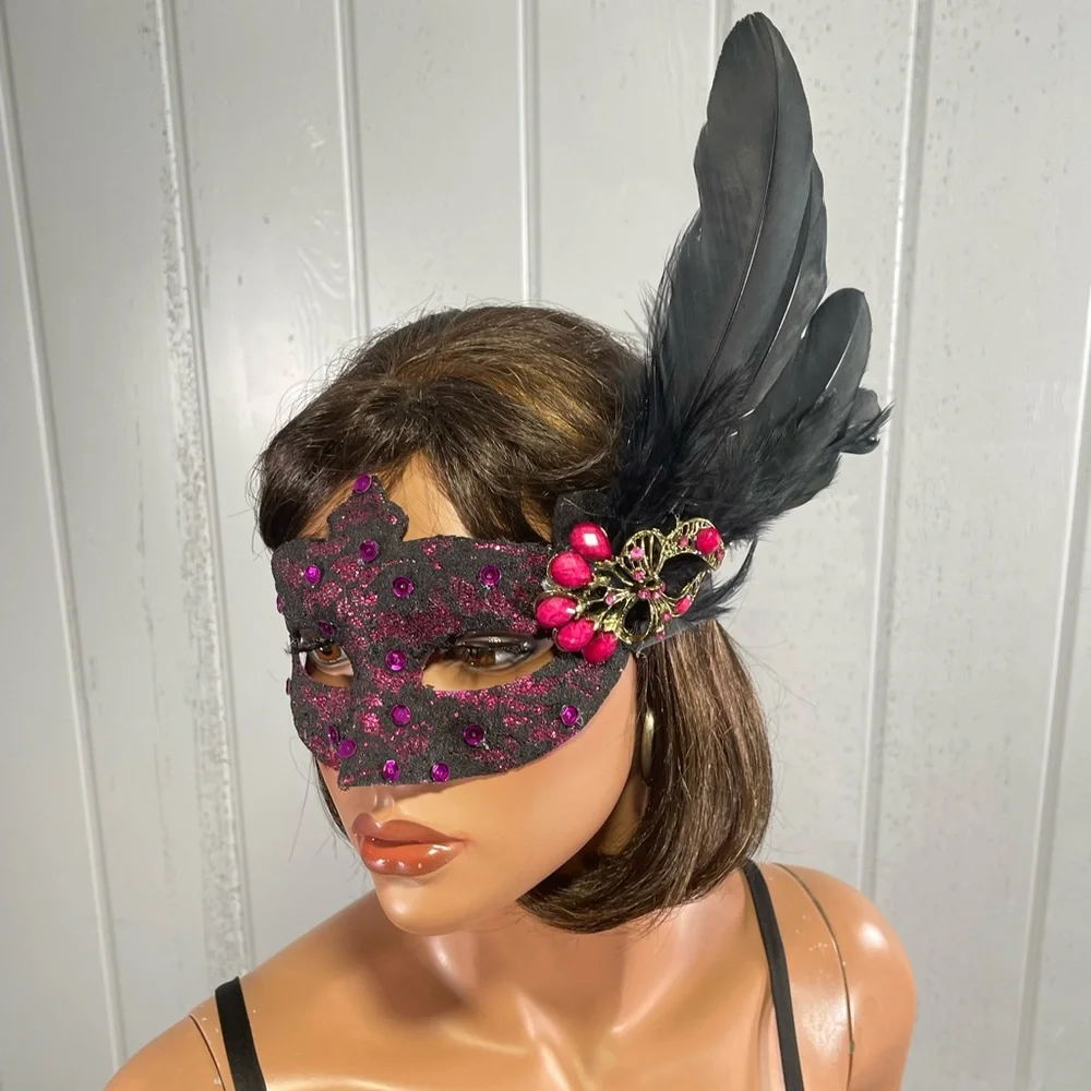**Custom Masquerade Mask Pink Black Lace Halloween Costume